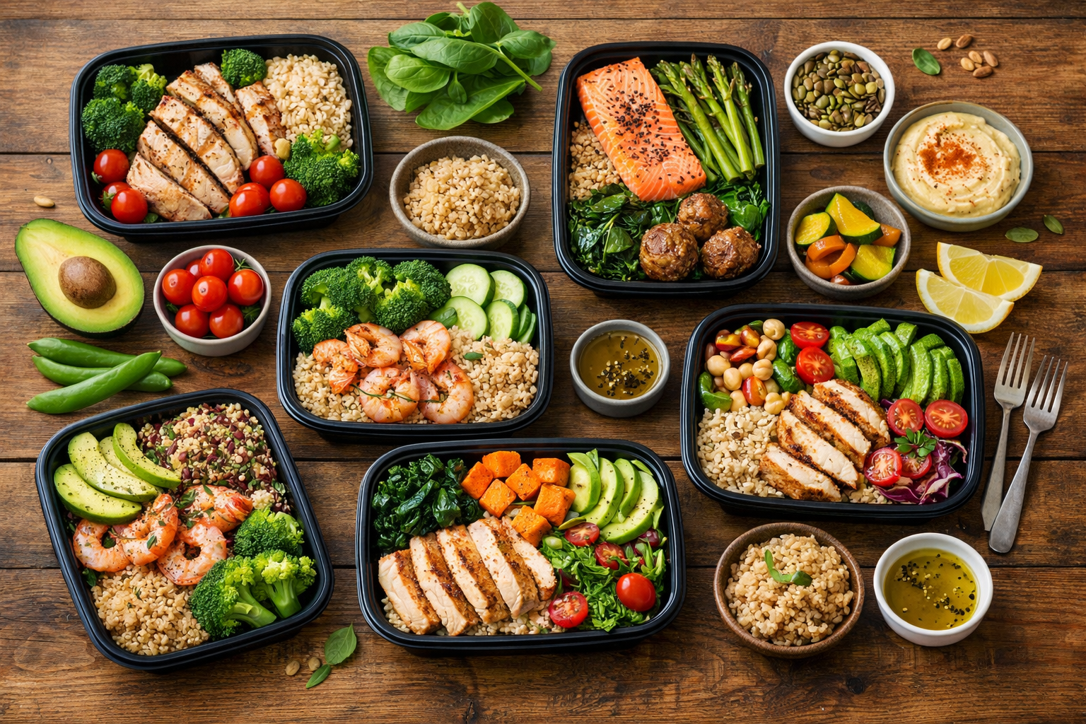 healthy meal prep with fresh vegetables, lean proteins, and whole grains arranged on a wooden table, natural lighting, top view perspective